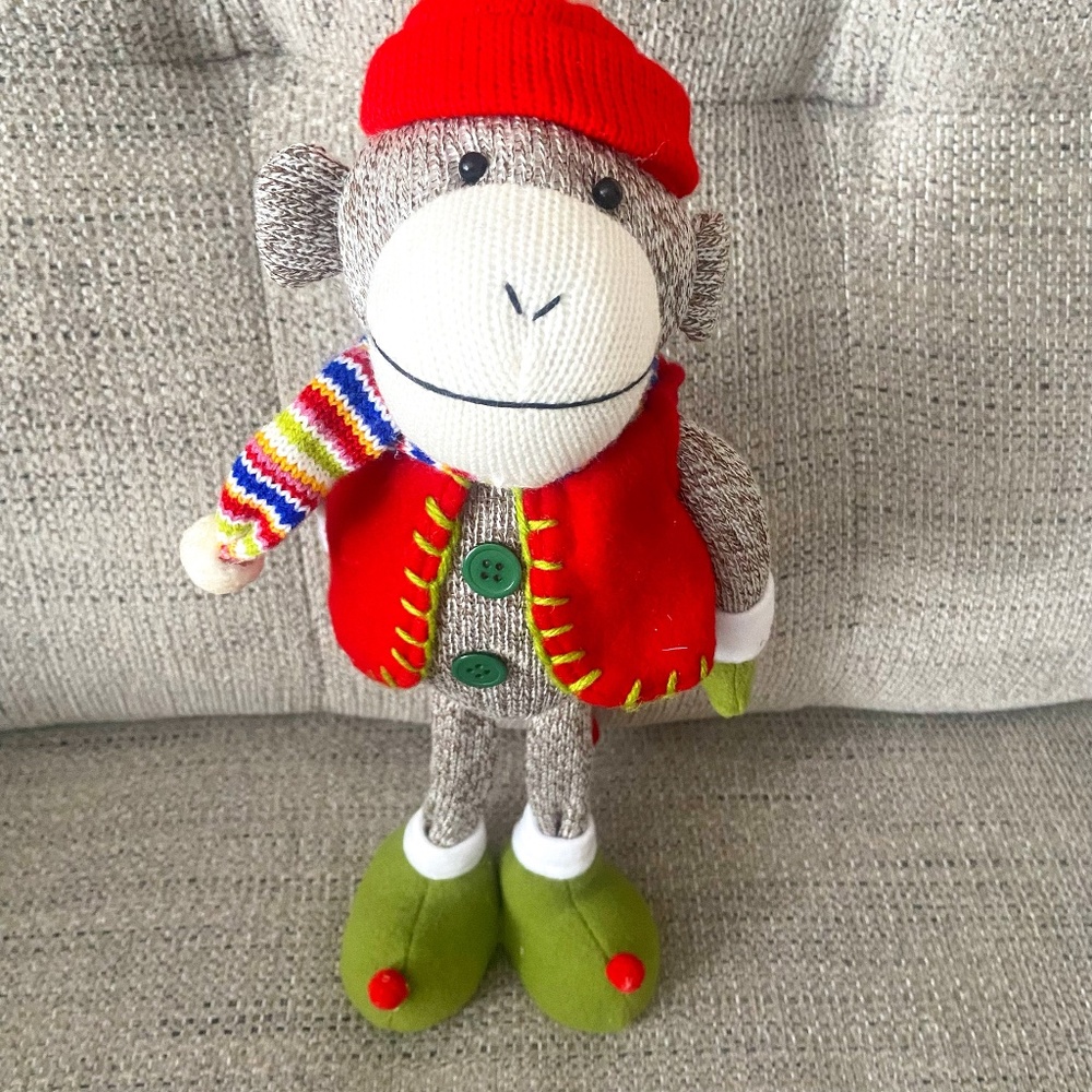 Sock Monkey Holiday decor Standing plush with hat vest and stripe scarf